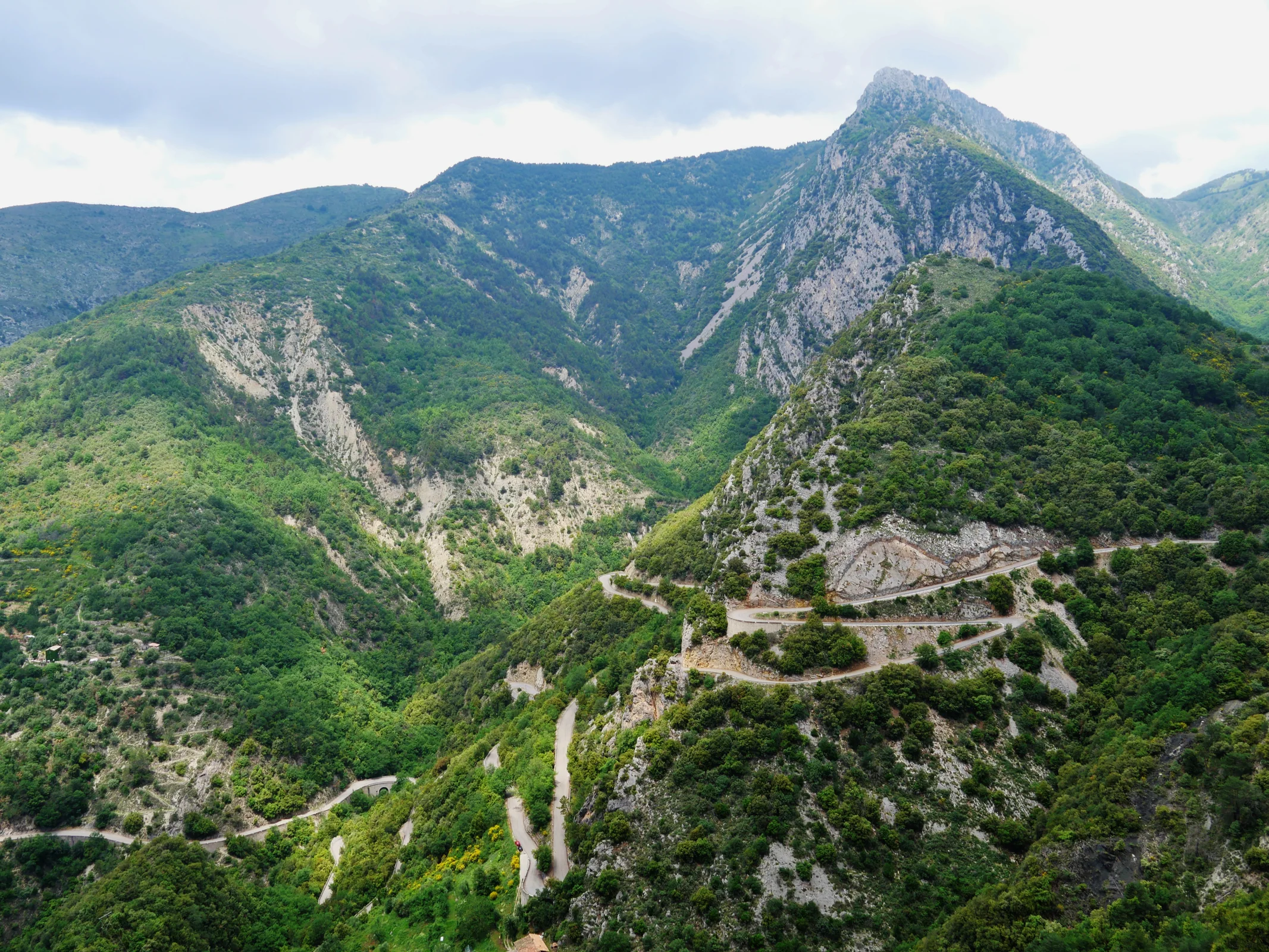 Serpentinen des Col de Turini in den dicht bewaldeten Alpes-Maritimes