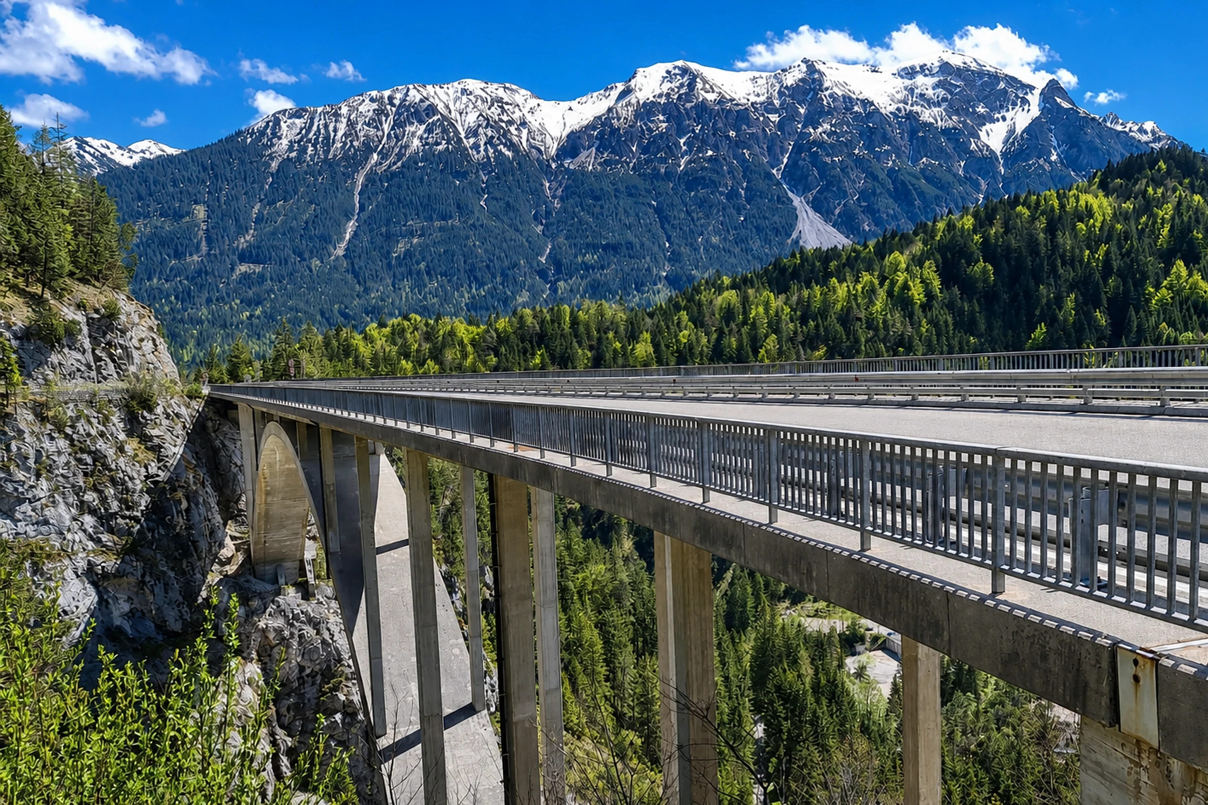 Gaichtpassbrücke vor der verschneiten Tiroler Bergkulisse