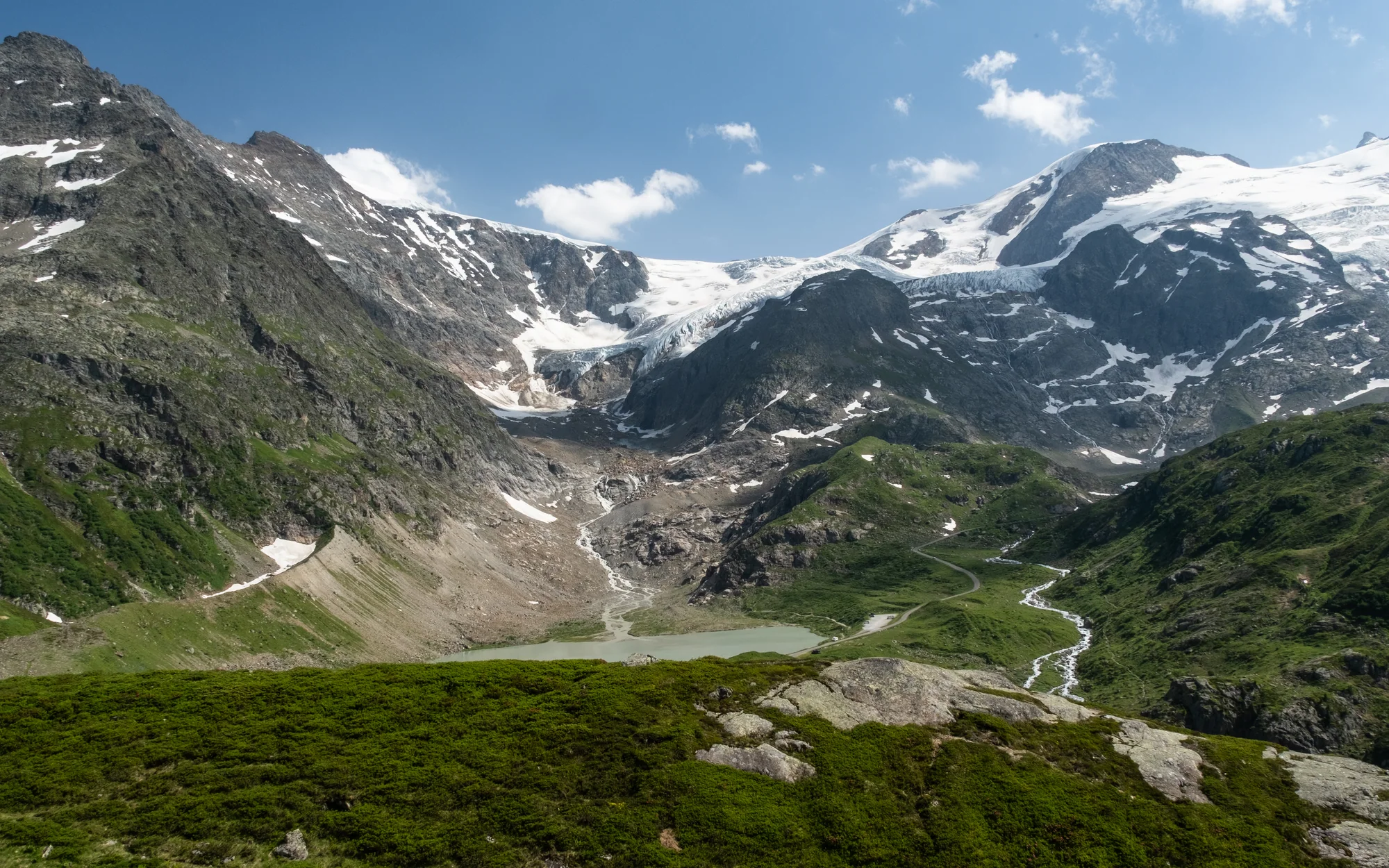 Blick vom Sustenpass auf Gletscher, Felswände und das grüne Hochtal